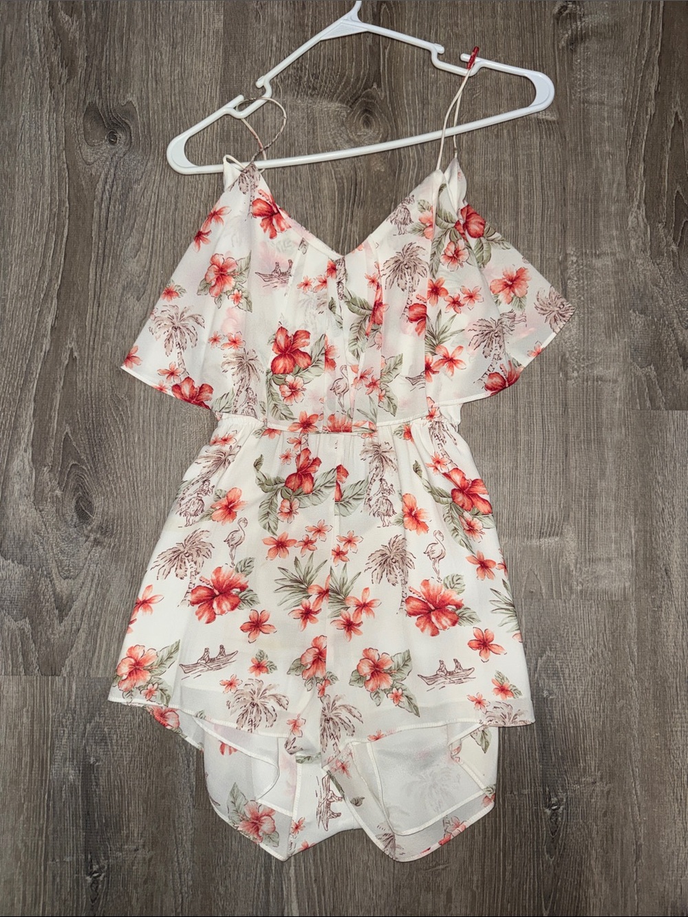 Forever 21 Cream Floral Off-Shoulder Romper with Coral Flowers